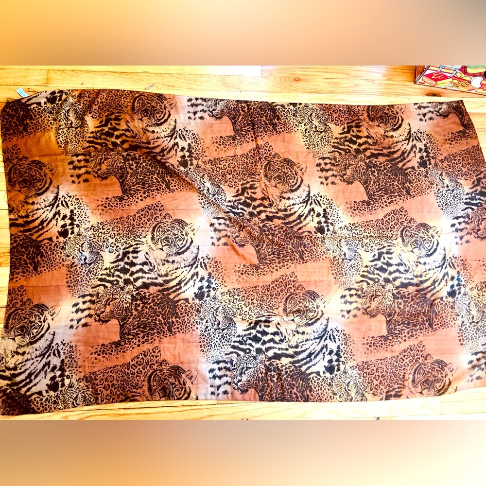 Large 63” x 37” Italian wild cat animal print scarf, easy care